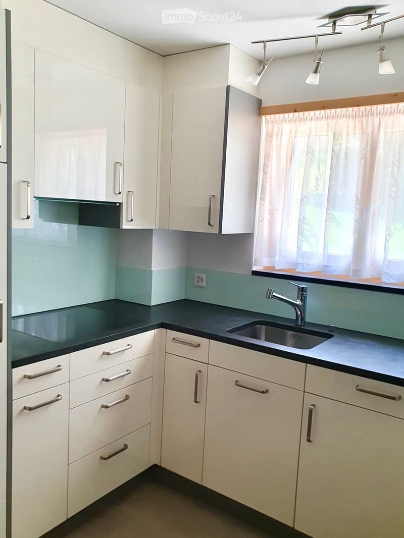 Modern kitchen with white cabinets, dark countertops, and a stainless steel sink.