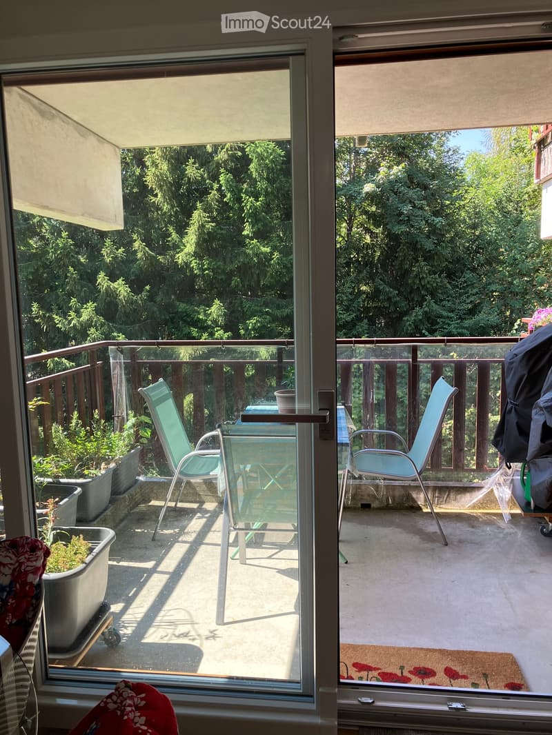 Balcony with glass railing, outdoor furniture including chairs and a table, potted plants, and a view of greenery.