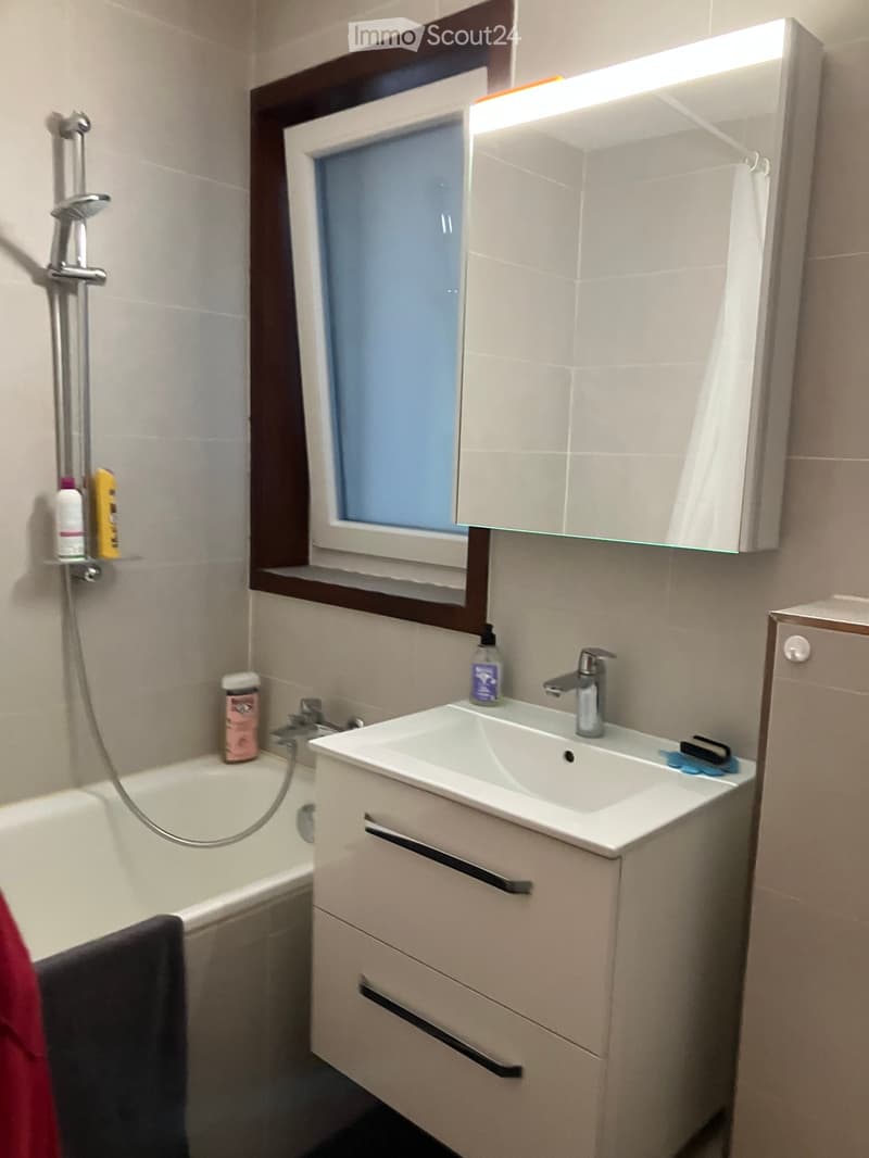 Modern bathroom with a white sink, mirror, bathtub, and shower. The sink has a modern faucet and a small cabinet underneath. A mirror with built-in lighting is mounted above the sink. A small window provides natural light.