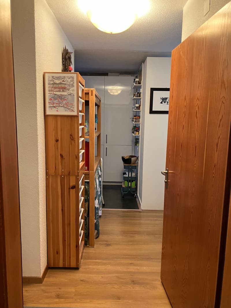 A narrow hallway with wooden flooring, white walls, and a ceiling light. A wooden shelf with a framed picture and storage boxes is on the left, and a partially open door leads to a room with a refrigerator and shelves.