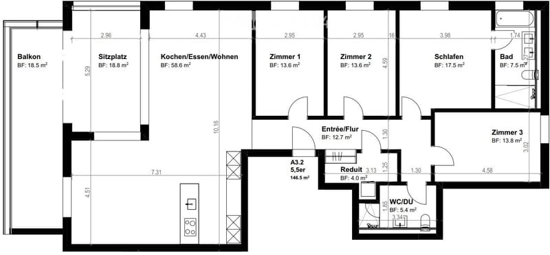Floor plan showing a kitchen/dining/living area, two bedrooms, a bathroom, a hallway, a balcony, and a WC/DU.
