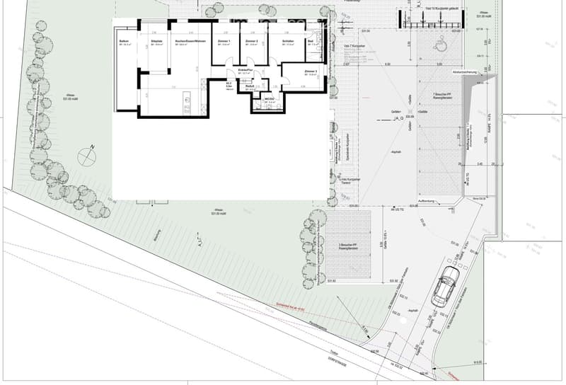 Floor plan of a residential building showing multiple rooms including a kitchen, living/dining area, bedrooms, bathroom, entrance hall, and balcony. Includes parking spaces and outdoor areas.