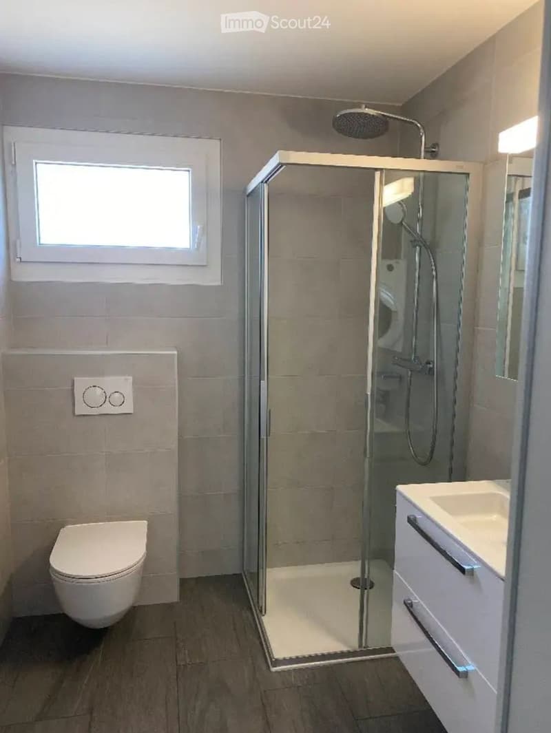 Modern bathroom with a glass-enclosed shower, toilet, sink, and a window providing natural light.