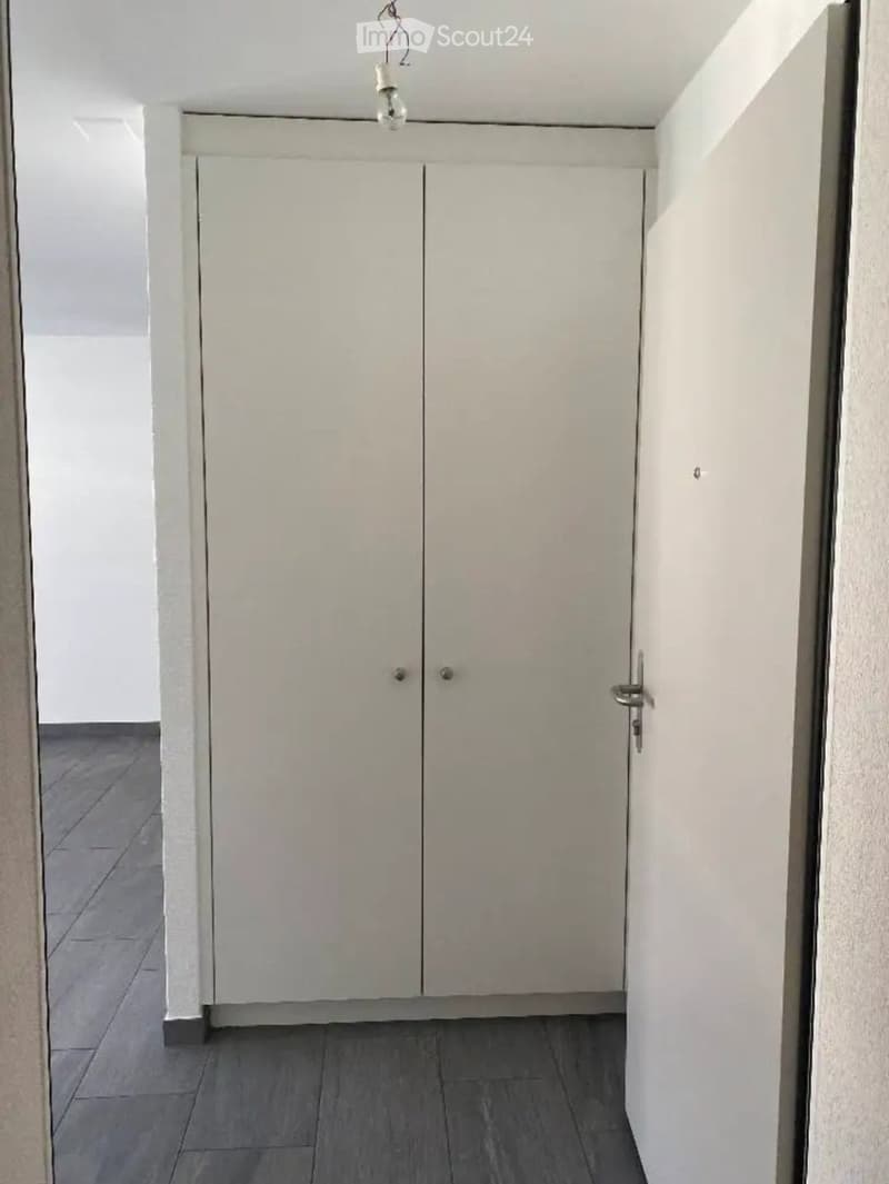 Empty hallway with white walls, grey tiled floor, and a closed white double-door closet.
