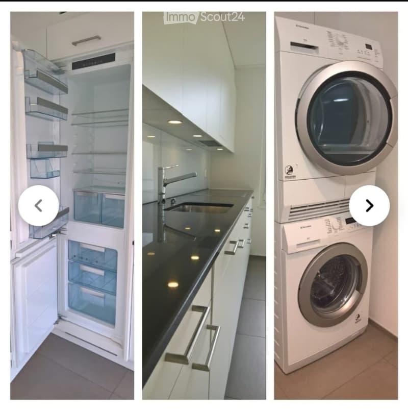 Three images showing a modern kitchen with white cabinets, a black countertop, a stainless steel sink, and a refrigerator, along with a private washing machine and dishwasher.