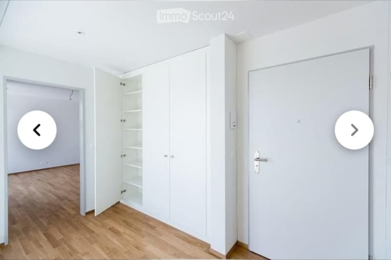 Empty room with light wooden flooring, white walls, and a built-in white closet with open shelving. No furniture or personal items are present.