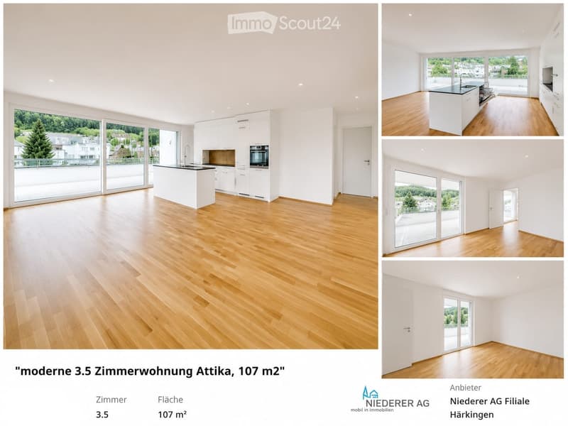 Modern unfurnished 3.5-room apartment with wooden flooring, large windows, and a balcony view. The space includes a kitchen area with white cabinets and a countertop, but no furniture is present.