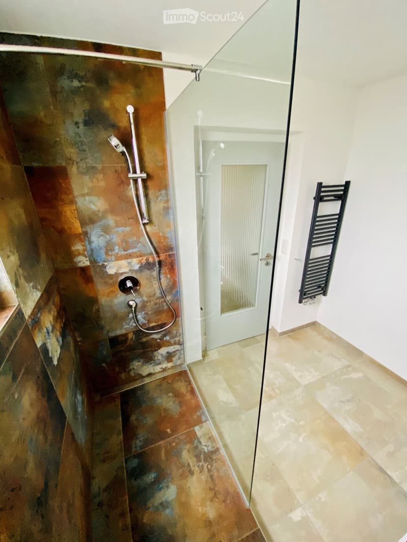 Modern bathroom with a glass-enclosed shower area featuring a multi-colored stone tile wall and a handheld showerhead. The floor is tiled in a warm beige color, and a black radiator is mounted on the wall.