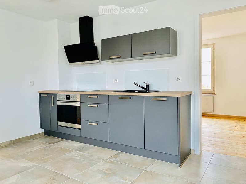 Modern kitchen with grey cabinets, stainless steel oven, range hood, and a wooden countertop.