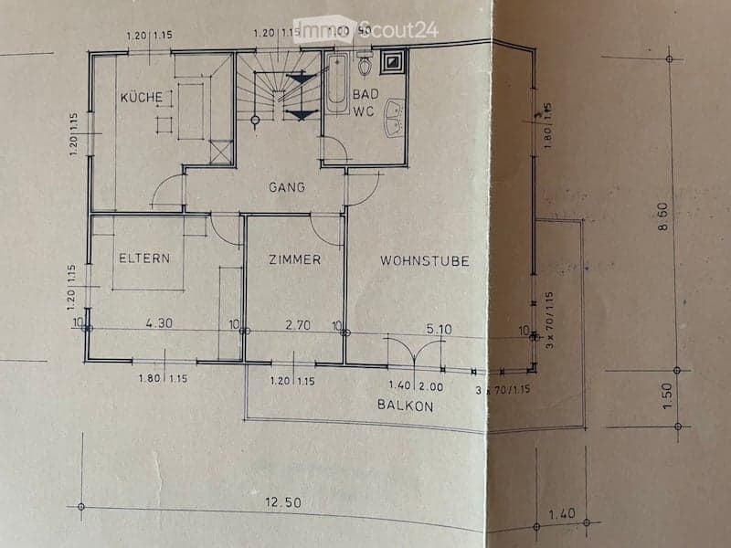 Floor plan of a 3-room apartment with a kitchen, living room, bedroom, hallway, and bathroom. Includes a balcony.