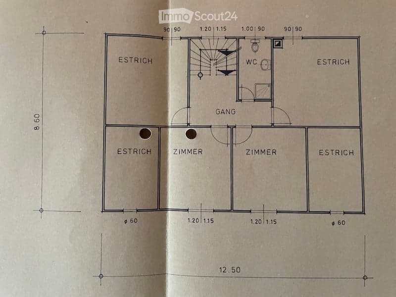 Floor plan showing a layout with two bedrooms, a hallway, a bathroom, and several wall sections labeled "ESTRICH". Dimensions are provided for each room and wall.