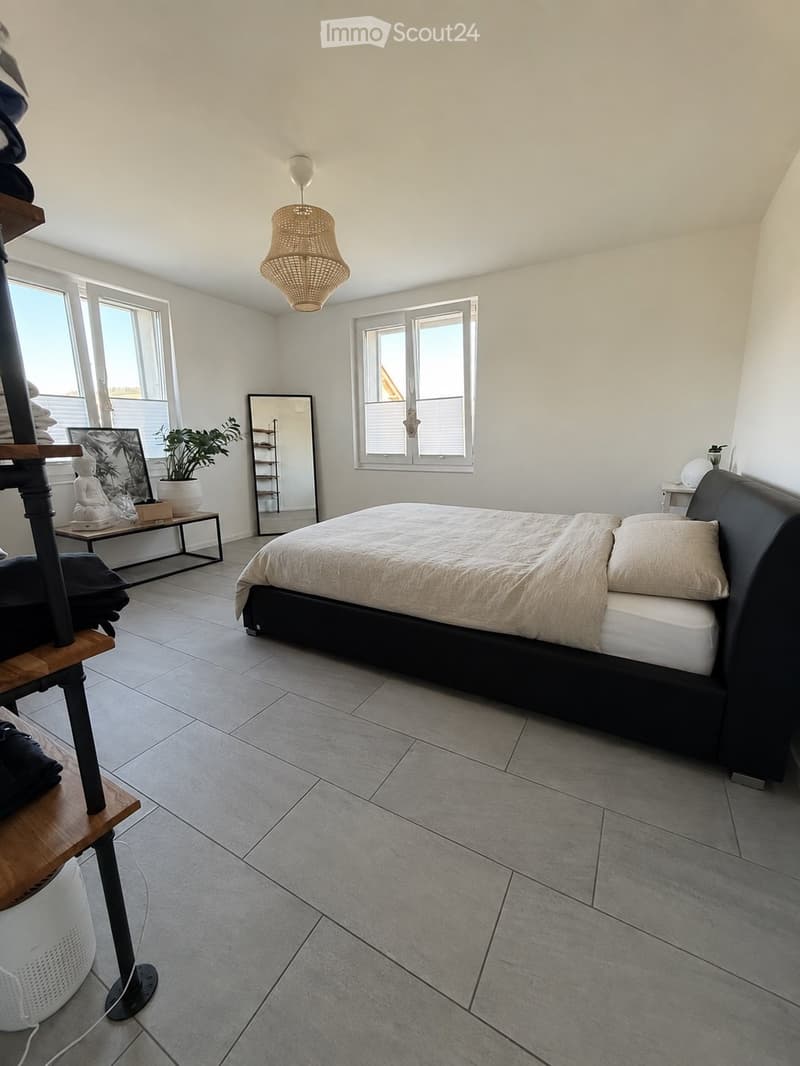Modern bedroom with a large bed, bedside table, mirror, and decorative items including a plant and picture frame. The room features large windows and a woven hanging light fixture.