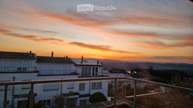 Balcony overlooking a scenic sunset view of a residential area with houses, solar panels, and distant hills.
