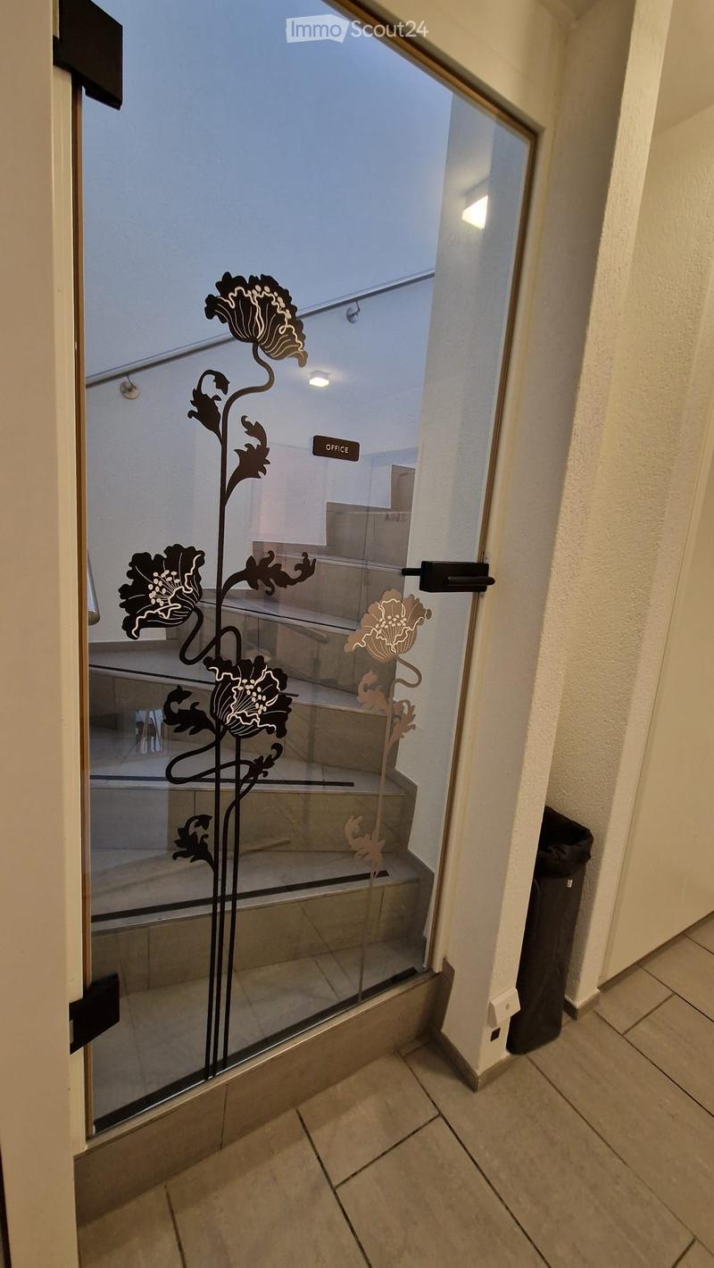 Hallway with a glass door featuring floral designs, leading to an office area. The floor is tiled, and the walls are light-colored.
