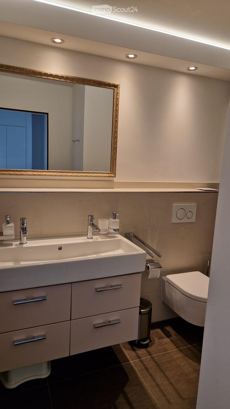 Modern bathroom with a double sink, sleek faucet, large mirror with ornate frame, toilet, and built-in storage drawers.