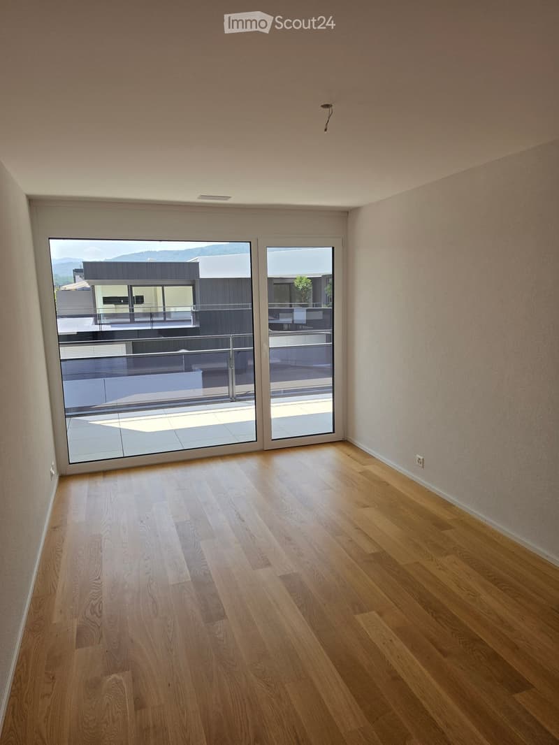 Empty room with light wooden flooring and large sliding glass doors leading to a balcony or terrace.
