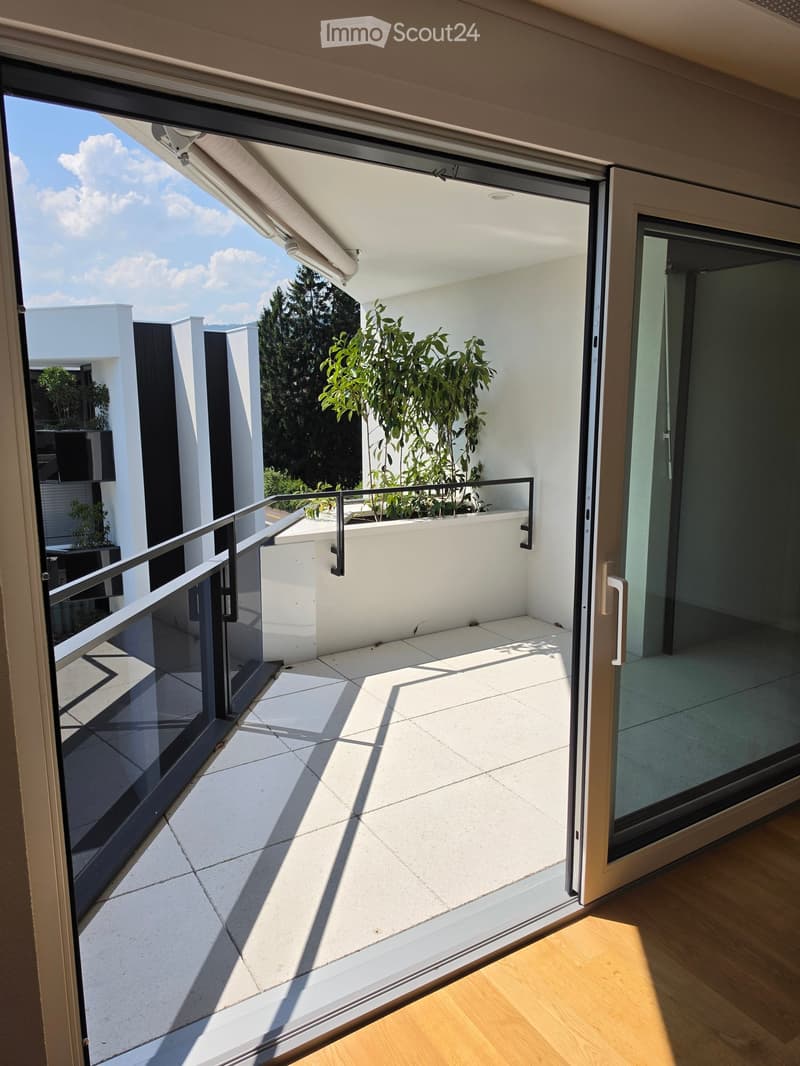 Modern balcony with large sliding glass doors, white tiled floor, metal railing, and small potted plants visible in the background.