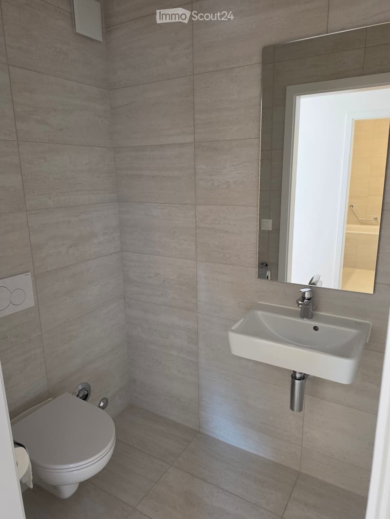 Modern bathroom with a toilet, sink, and large mirror. The walls and floor are tiled in a light, neutral color.