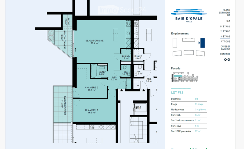 Floor plan of a 3.5-room apartment on the 3rd floor, featuring a living-dining area, two bedrooms, bathrooms, and balconies.