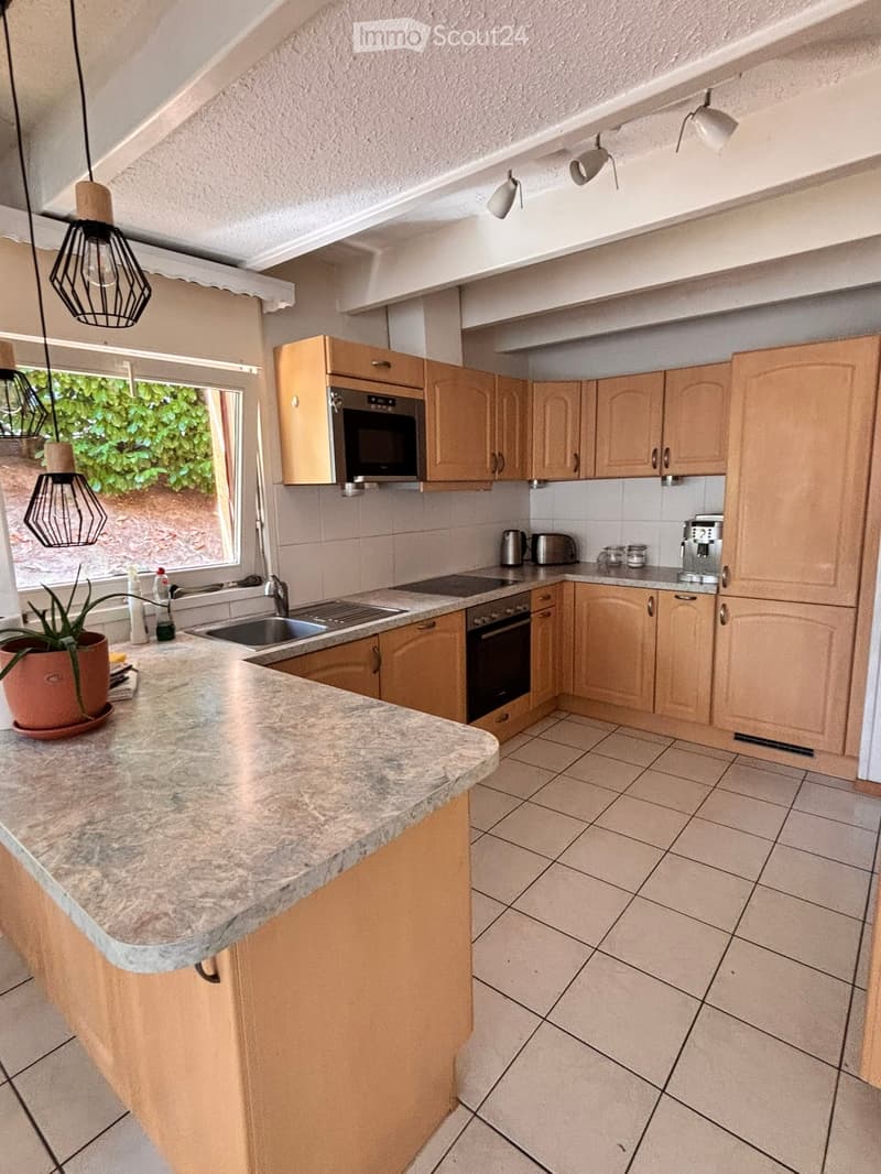 Bright kitchen with light wooden cabinets, granite countertop, stainless steel appliances, and a potted plant on the counter.