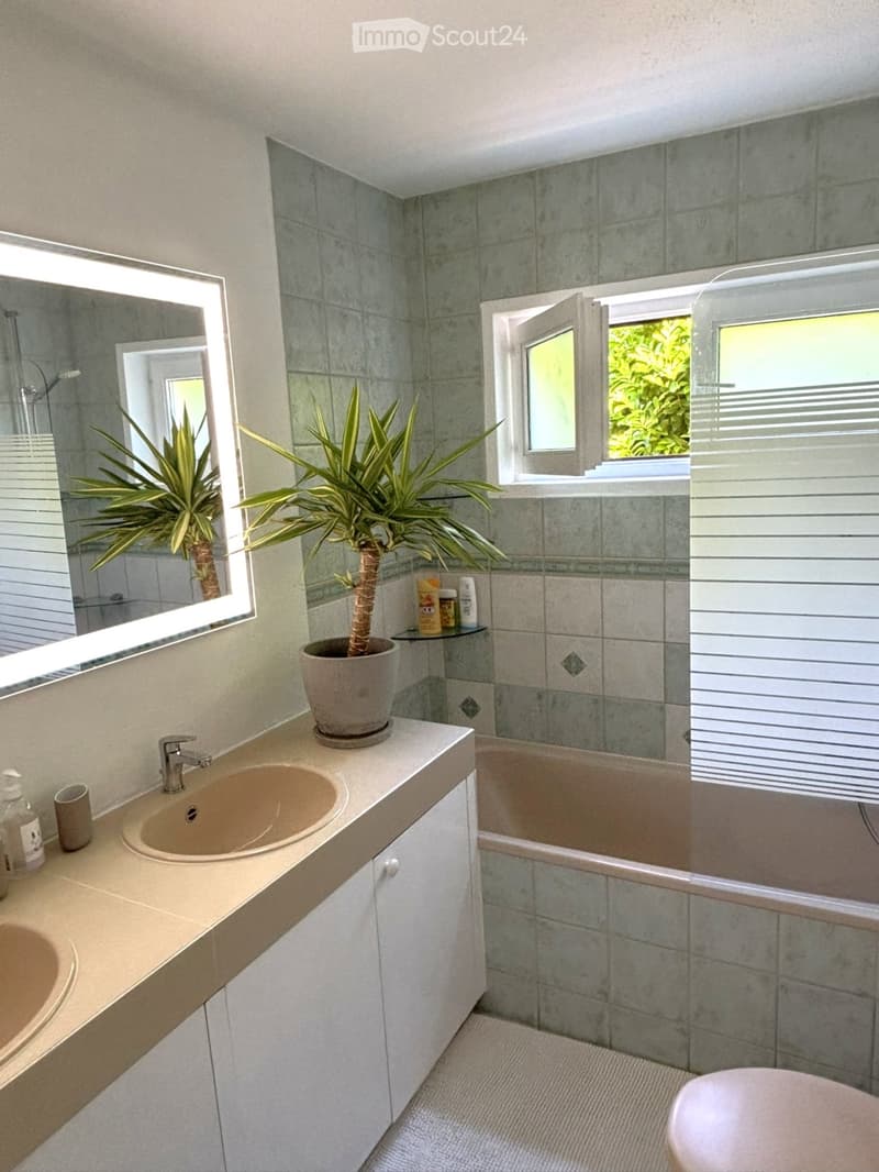 Bathroom with a double sink, bathtub, toilet, large mirror, and a potted plant on the counter.