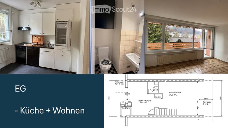 Floor plan of a ground floor apartment showing a kitchen, living area, and bathroom. The kitchen features white cabinets, a sink, and a microwave. The bathroom includes a toilet, sink, and tiled walls. The living area has large windows with a view of gree