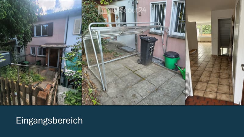Three images show a house exterior, a small patio area with a covered structure, and an entrance hallway with tiled flooring.