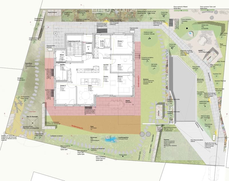 Floor plan of a residential building with labeled rooms including kitchen, living room, bedrooms, bathrooms, and outdoor areas with plants and pathways.