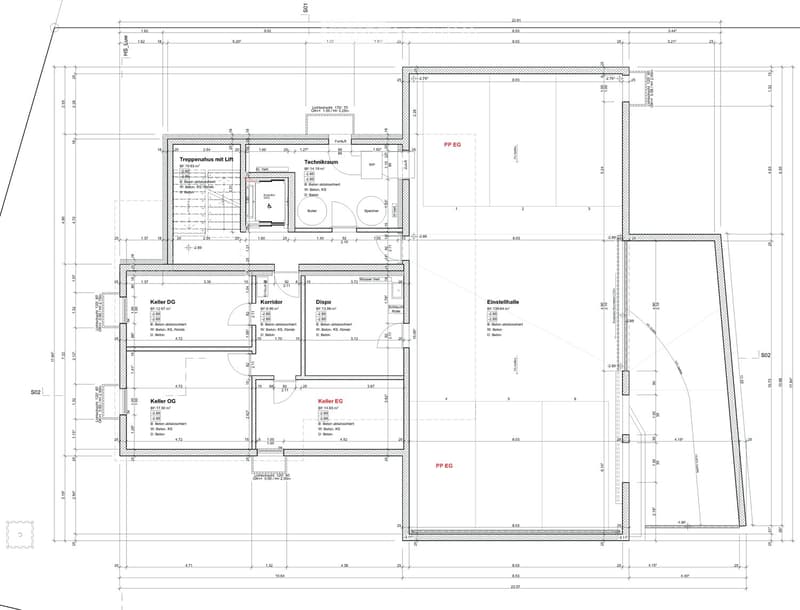 Floor plan showing basement, ground floor, and first floor layouts with labeled rooms including cellar, storage, technical room, and stairwell.