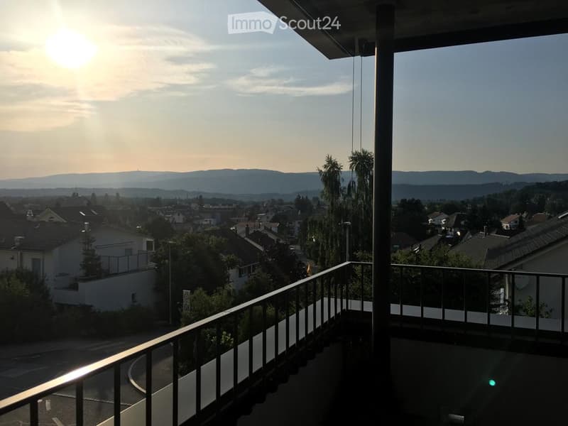 Balcony with metal railing overlooking a residential area and distant hills during sunset.