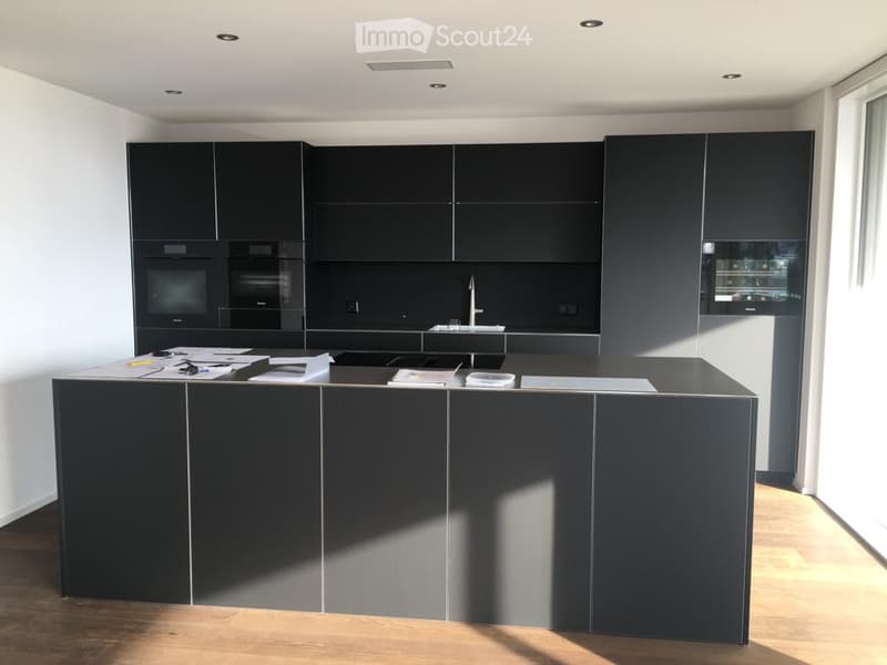 Modern kitchen with black cabinets, a central island, and built-in appliances including an oven and sink.
