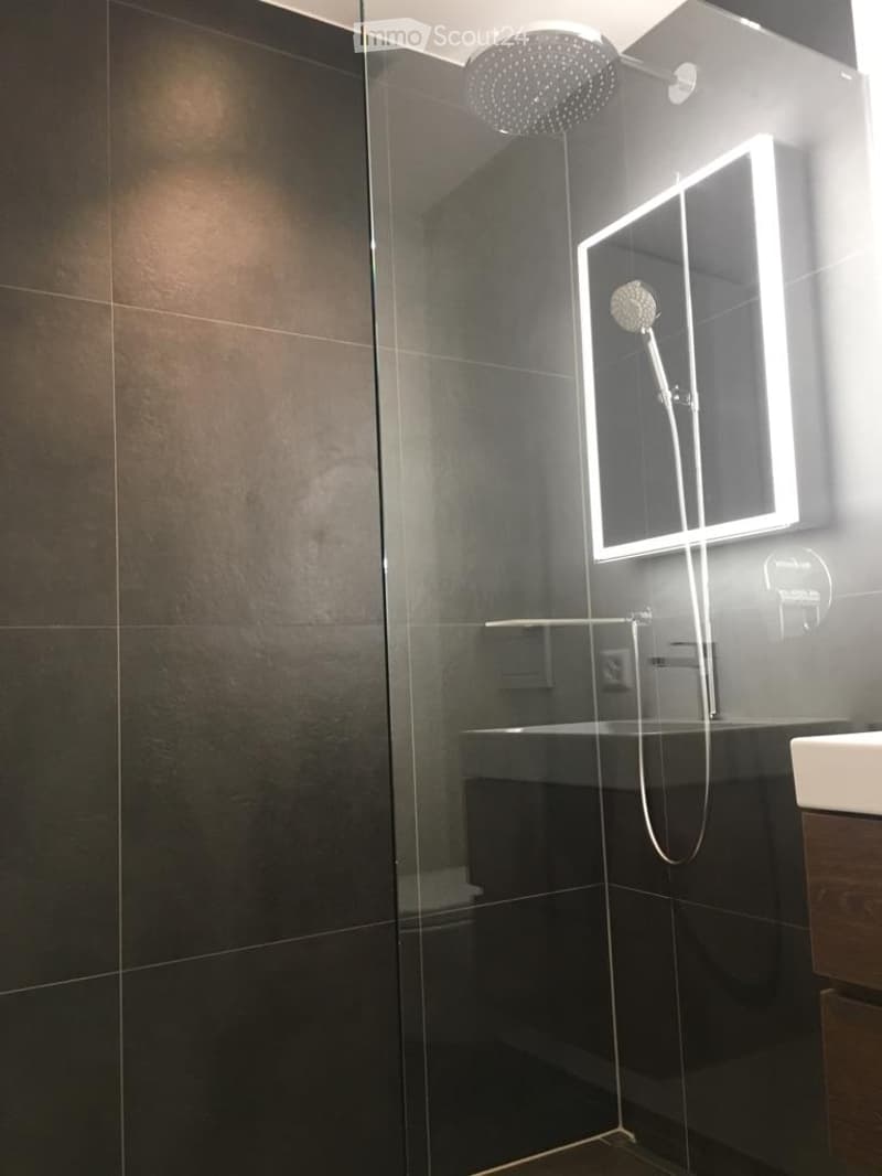 Modern bathroom with dark tiles, glass shower enclosure, illuminated mirror, and sleek fixtures.