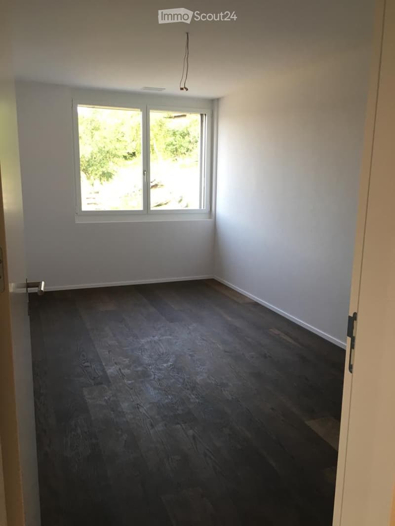 Empty room with dark wooden flooring and white walls, featuring a large window with a view of greenery outside.