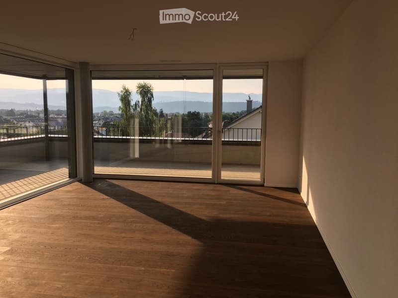 Empty room with wooden flooring, large sliding glass doors leading to a balcony with a scenic mountain view.