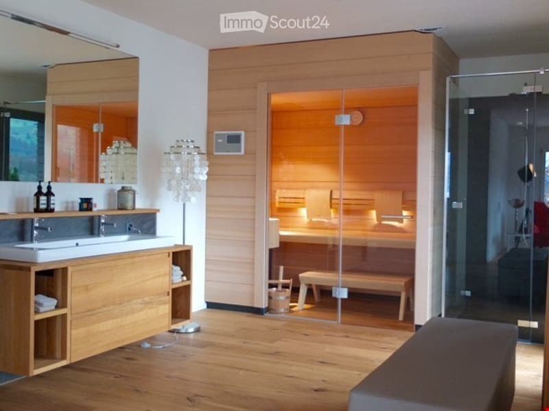 Modern bathroom with wooden accents, a large sink with a mirror, a shower stall, and a sauna area with benches and a stool.