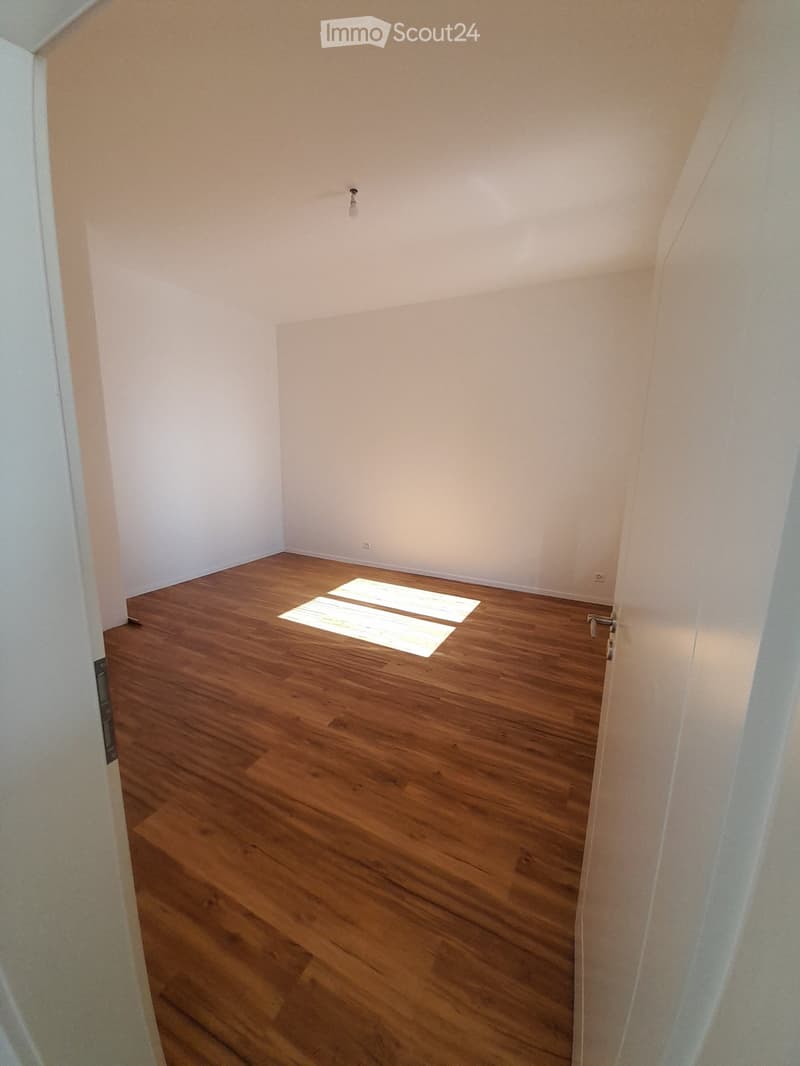 Empty room with wooden flooring and white walls, featuring a single light fixture on the ceiling and a partially visible door frame on the left side.