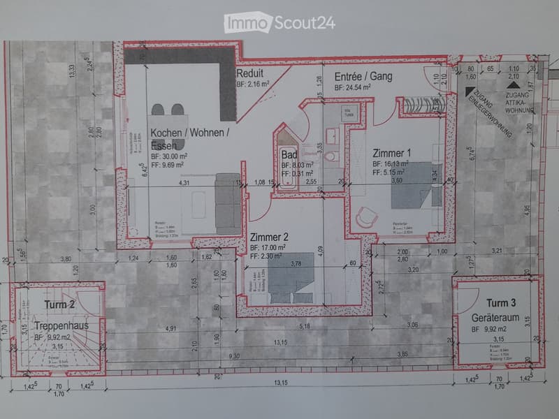 Floor plan showing a kitchen/dining/living area, two bedrooms, a bathroom, a hallway, a storage room, a staircase, and three turrets.
