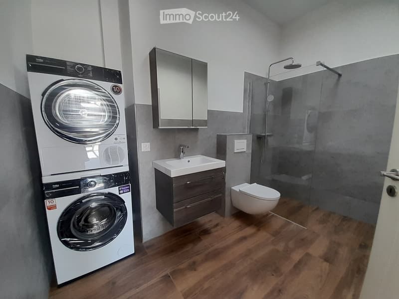 Modern bathroom with wooden flooring, a white sink with dark cabinetry, a toilet, a glass-enclosed shower, and a stacked washer/dryer unit.