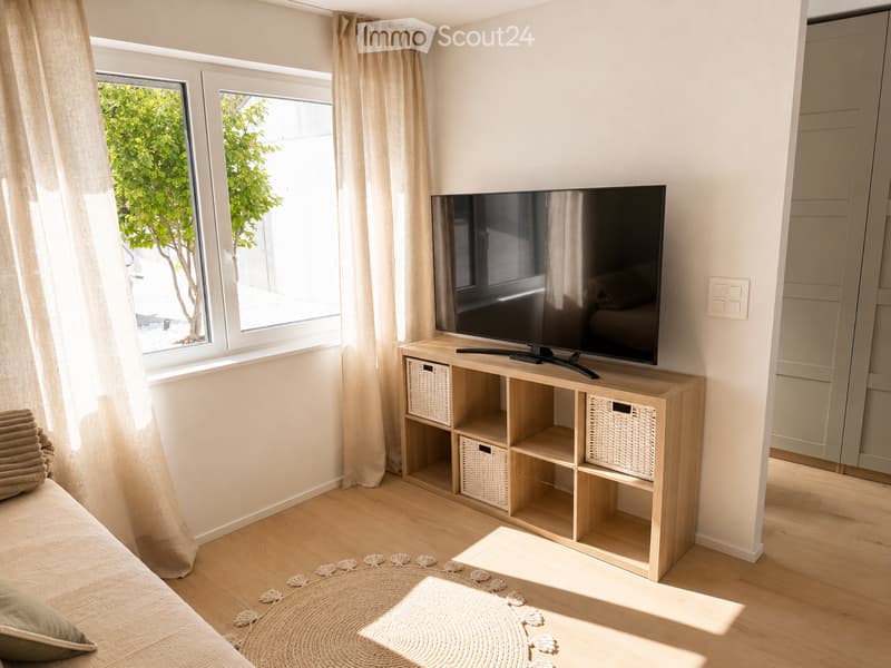 Bright bedroom with wooden flooring, a large window with curtains, a bed with pillows, a television on a wooden storage unit with woven baskets, and a round woven rug on the floor.
