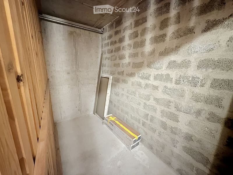 Empty room with unfinished concrete walls and floor, exposed wooden framing on one side, and a single wooden door frame leaning against the wall.