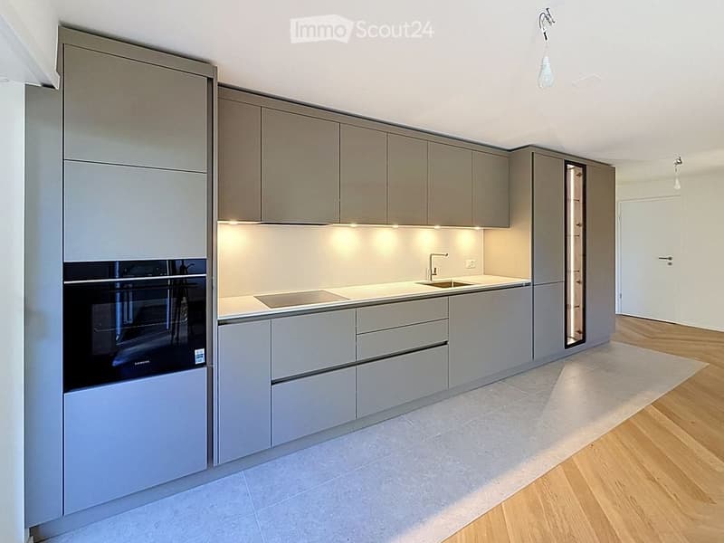 Modern kitchen with grey cabinets, stainless steel sink, built-in oven, and integrated lighting.