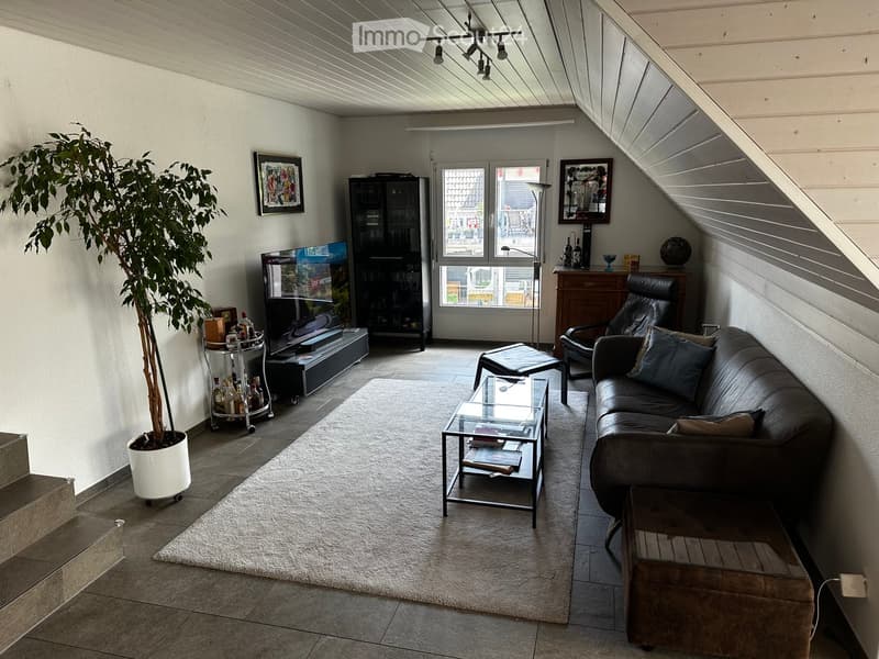 Modern living room with a grey leather sofa, coffee table, armchair, ottoman, TV, floor lamp, and a large potted plant. The room features a slanted ceiling and large windows with a view.