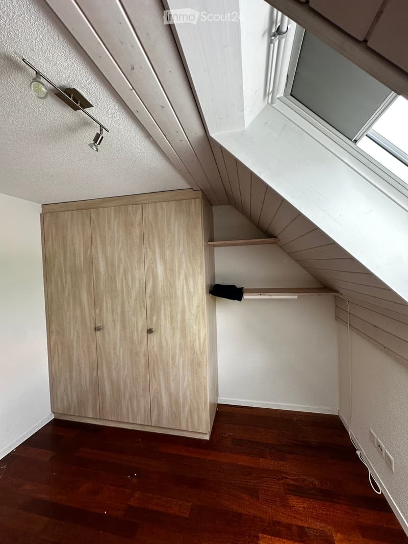 An attic space with wooden flooring, white walls, built-in wooden cabinetry, and skylight windows. The room is empty, with no furniture or personal items visible.