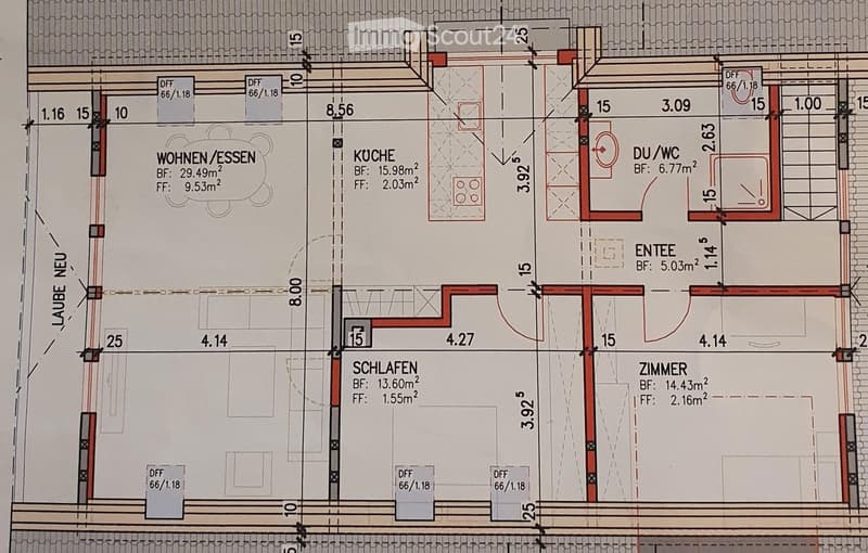 Floor plan of a residential space with labeled rooms including living/dining area, kitchen, bedroom, bathroom, hallway, and additional room.