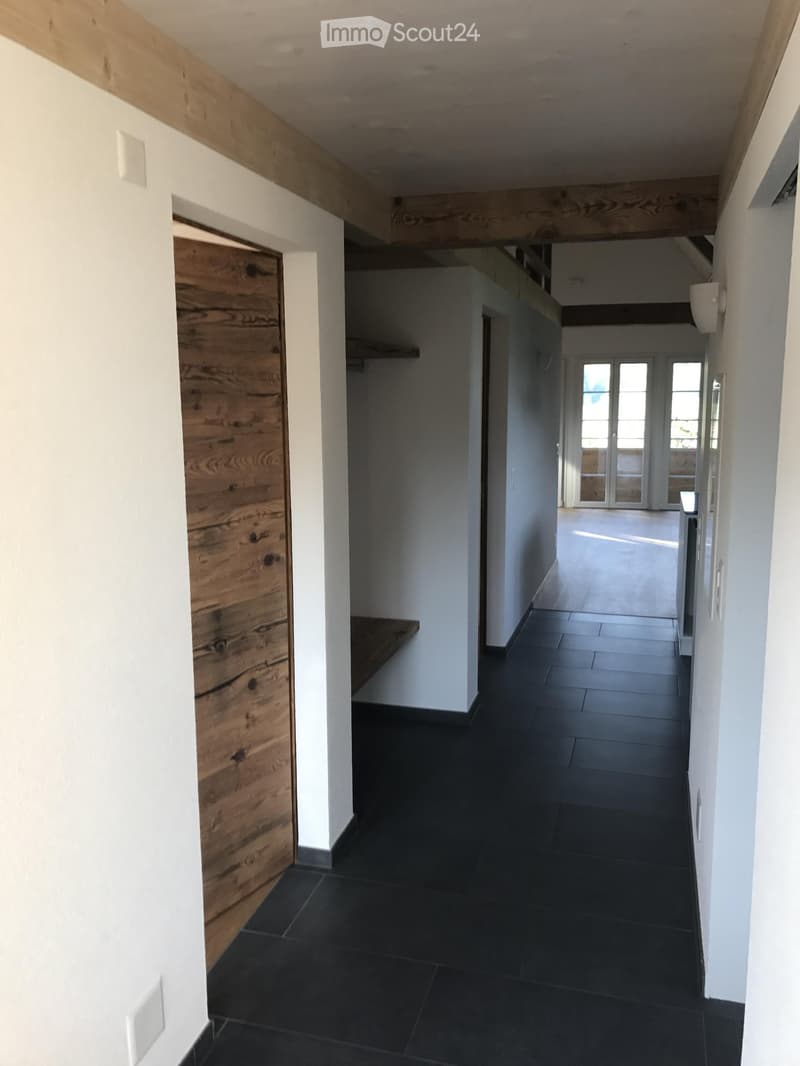 Modern hallway with dark tiled flooring, white walls, wooden door, and exposed wooden beams on the ceiling. Natural light filters in from the end of the corridor.