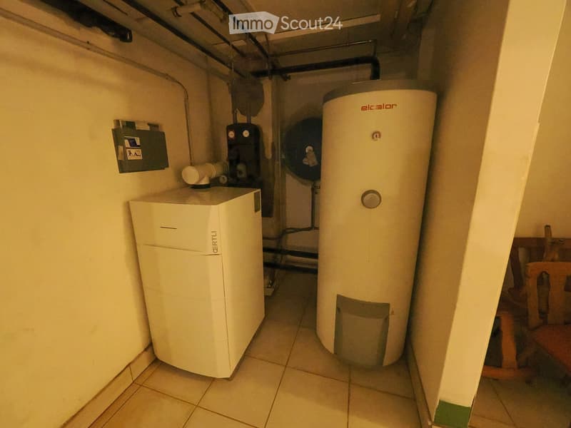 Utility room with a water heater, boiler, and fan, visible pipes and electrical components.