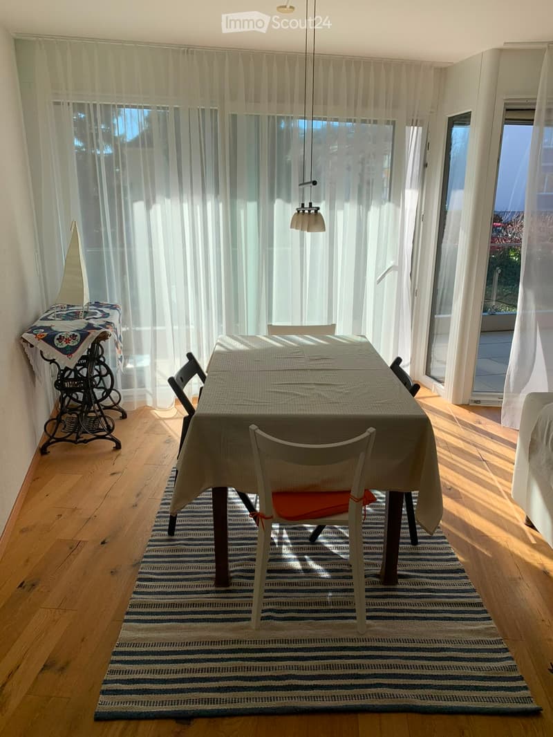 Bright dining area with wooden floor, large windows with sheer curtains, a dining table with chairs, and a decorative lamp hanging from the ceiling.