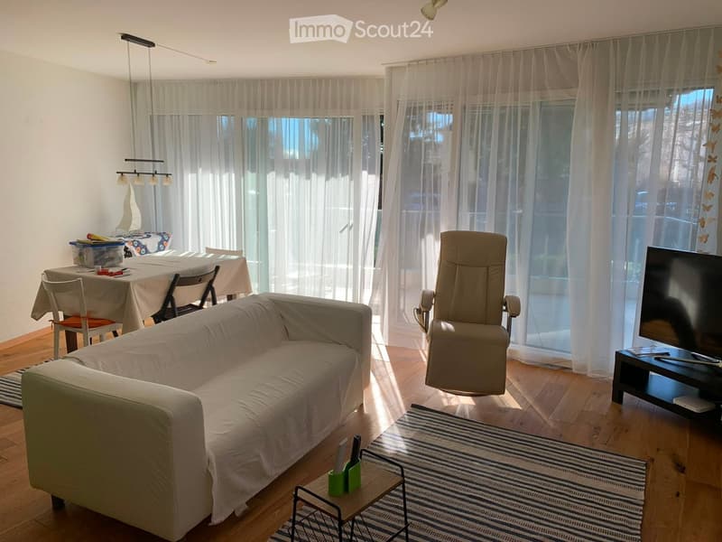 Bright living room with large windows and sheer curtains, featuring a light-colored sofa, armchair, coffee table, dining table with chairs, and a TV on a stand.