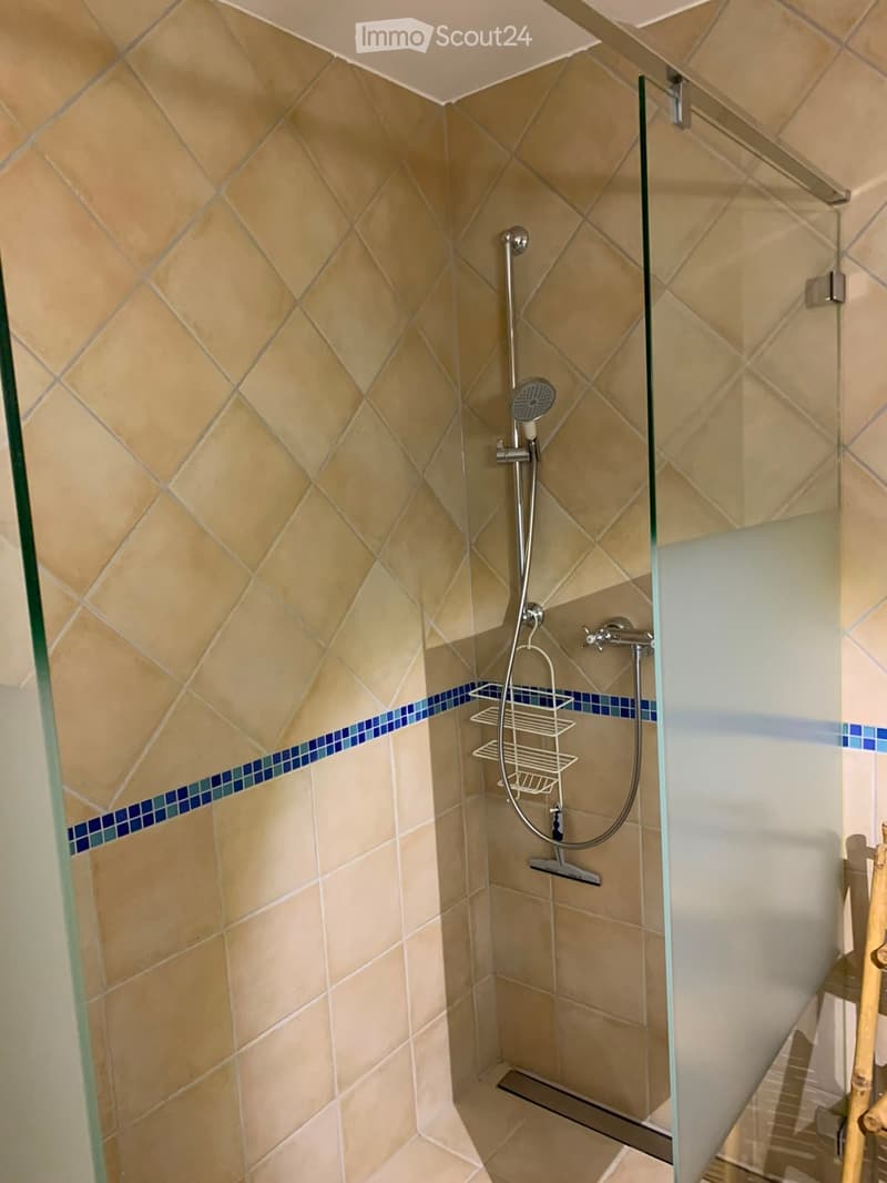 Modern shower area with beige tiles, glass enclosure, and a handheld showerhead with a hose. A small white shelf is mounted on the wall.