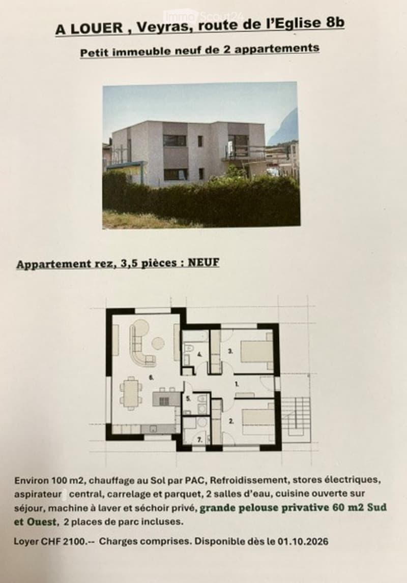 Floor plan of a 3.5-room ground-floor apartment, featuring an open kitchen, living room, two bedrooms, and two bathrooms.